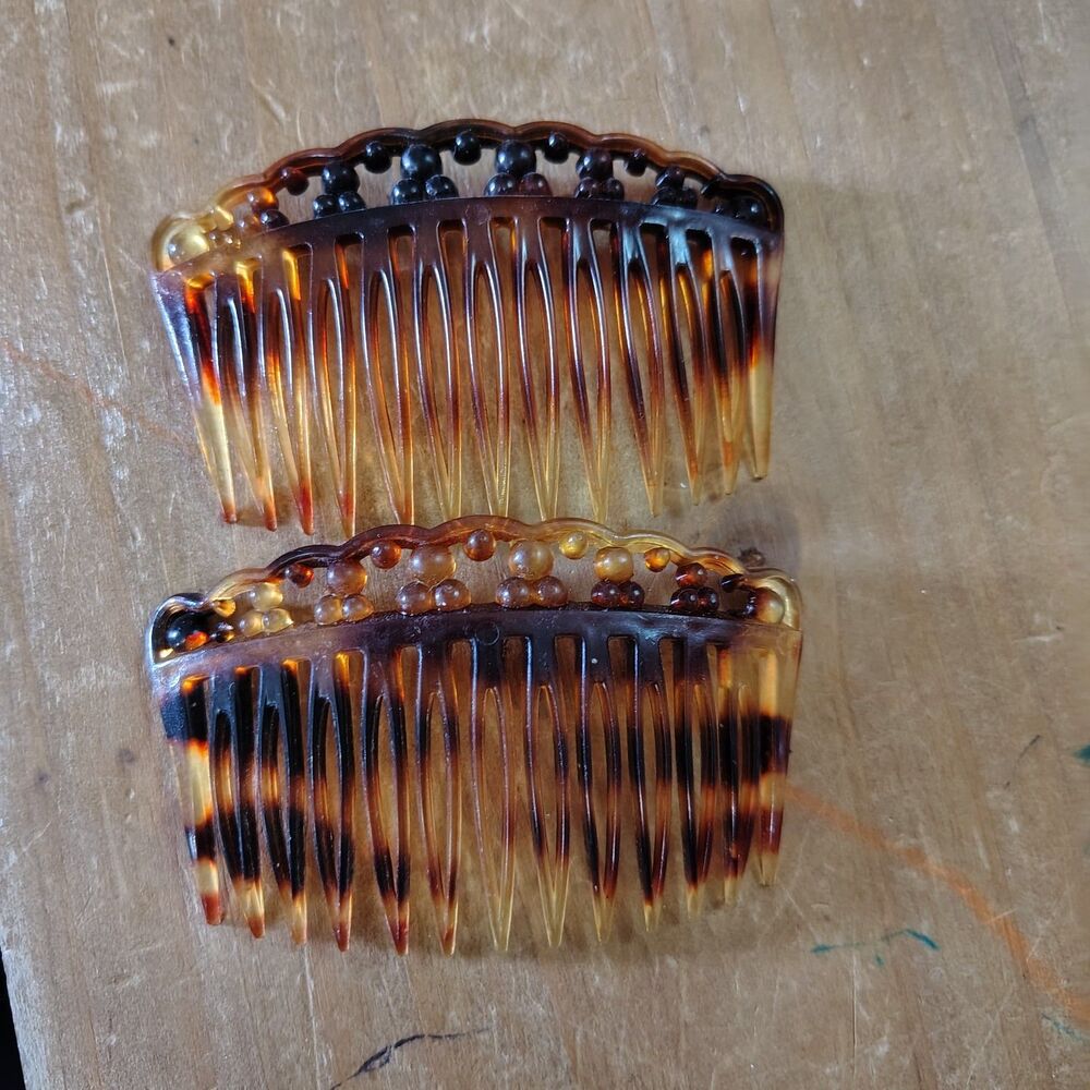 VTG Hair Combs Made in France Tortoise Plastic Decorative Ball Topped Set of 2